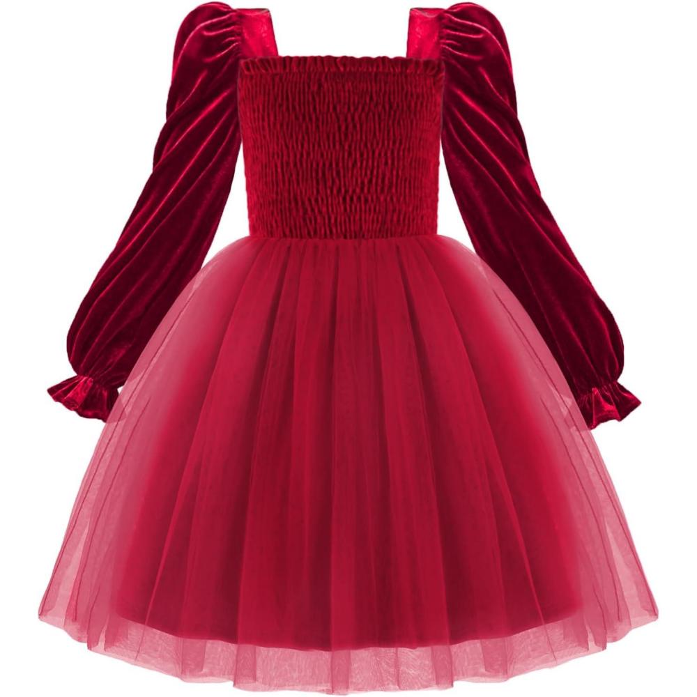imageArshiner Toddler Velvet Tutu Dress Tulle Puff Long Sleeve Square Neck Smocked Fall Winter Formal Party Birthday DressesRed