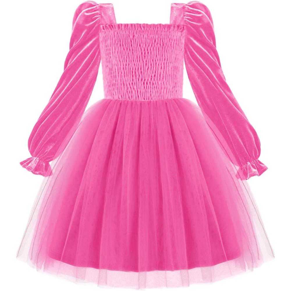imageArshiner Toddler Velvet Tutu Dress Tulle Puff Long Sleeve Square Neck Smocked Fall Winter Formal Party Birthday DressesRose Red