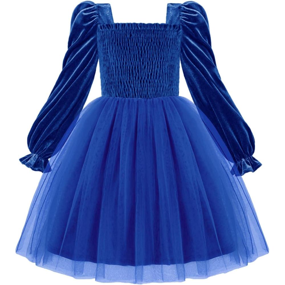 imageArshiner Toddler Velvet Tutu Dress Tulle Puff Long Sleeve Square Neck Smocked Fall Winter Formal Party Birthday DressesRoyal Blue