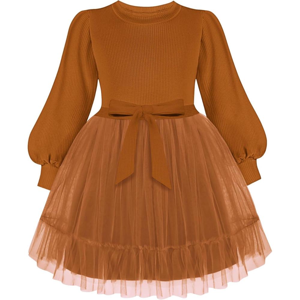 imageArshiner Tulle Dress Toddler Girls Puff Long Lantern Sleeves Fall Winter Tutu Party Dresses with Tie Belt 38YBrown