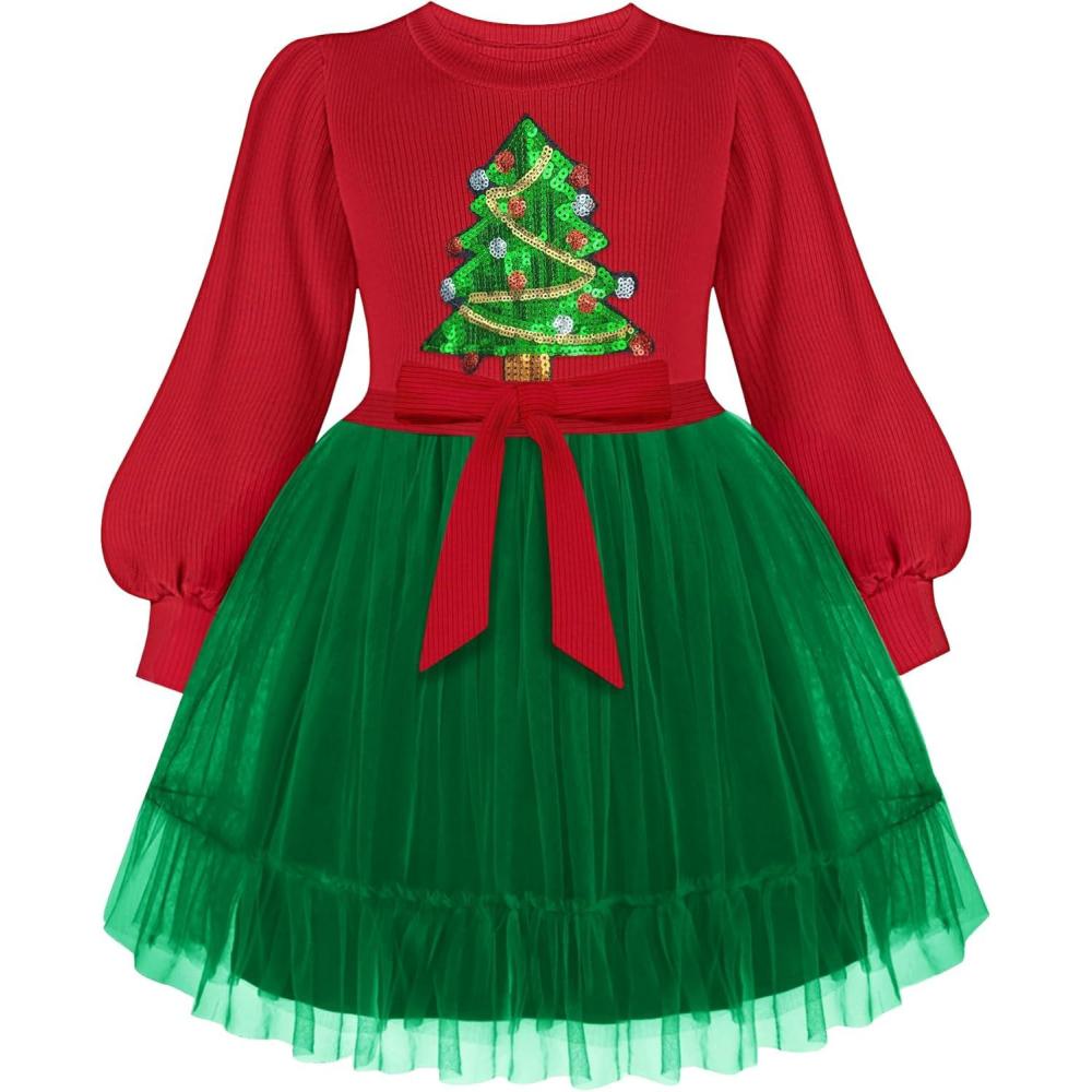 imageArshiner Tulle Dress Toddler Girls Puff Long Lantern Sleeves Fall Winter Tutu Party Dresses with Tie Belt 38YChristmas Green Tree