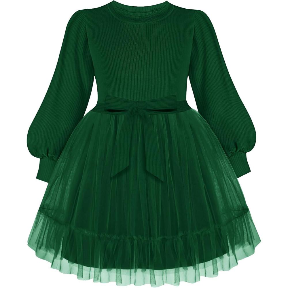 imageArshiner Tulle Dress Toddler Girls Puff Long Lantern Sleeves Fall Winter Tutu Party Dresses with Tie Belt 38YDark Green