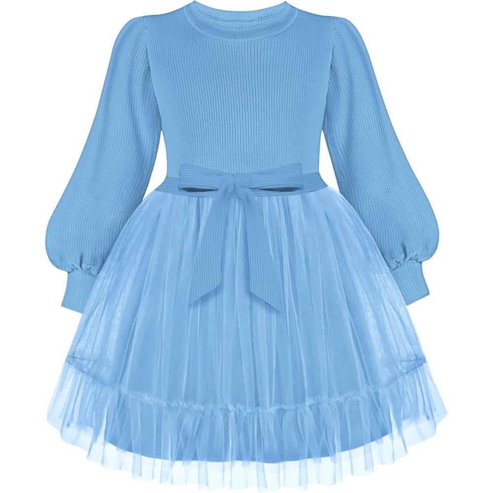 imageArshiner Tulle Dress Toddler Girls Puff Long Lantern Sleeves Fall Winter Tutu Party Dresses with Tie Belt 38YLight Blue