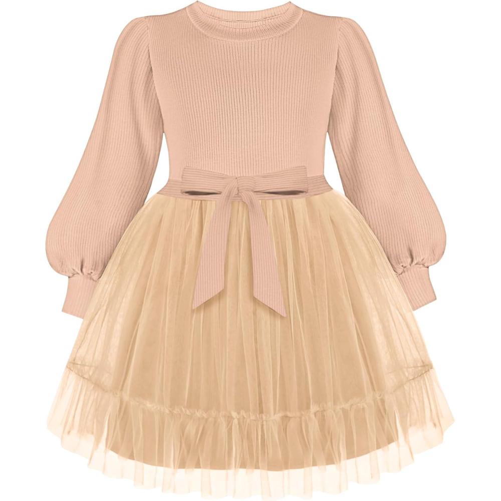 imageArshiner Tulle Dress Toddler Girls Puff Long Lantern Sleeves Fall Winter Tutu Party Dresses with Tie Belt 38YLight Brown
