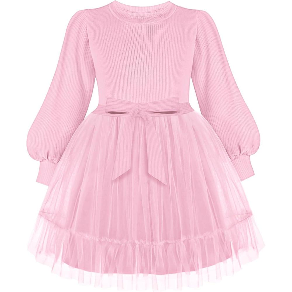 imageArshiner Tulle Dress Toddler Girls Puff Long Lantern Sleeves Fall Winter Tutu Party Dresses with Tie Belt 38YLight Pink