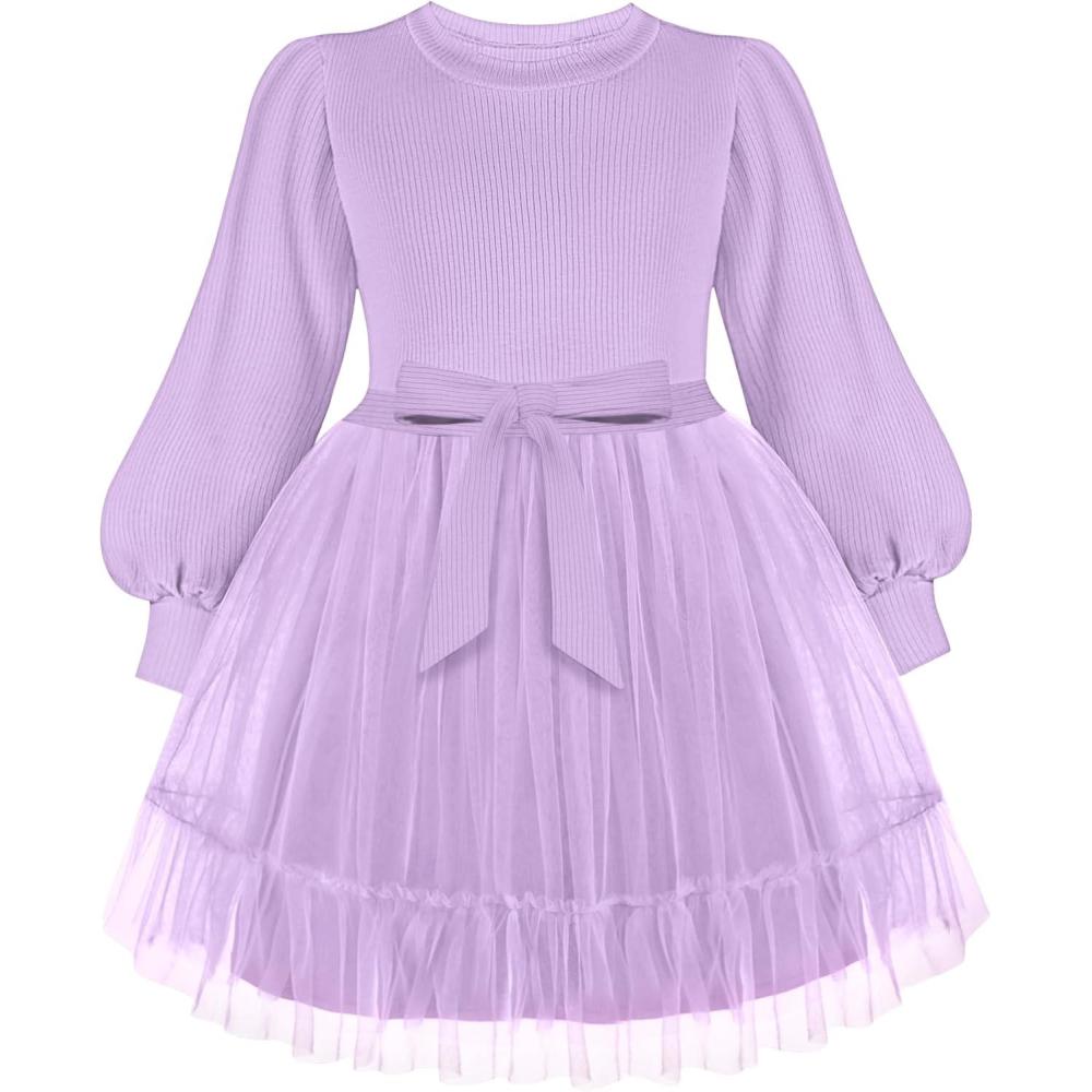 imageArshiner Tulle Dress Toddler Girls Puff Long Lantern Sleeves Fall Winter Tutu Party Dresses with Tie Belt 38YLilac