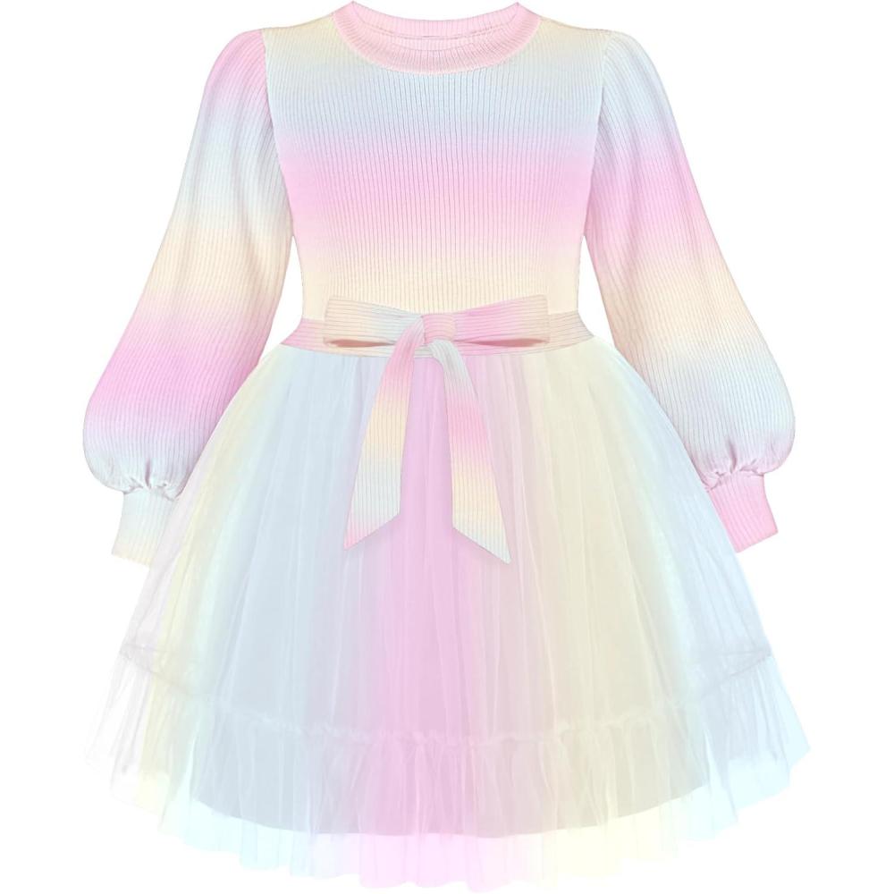 imageArshiner Tulle Dress Toddler Girls Puff Long Lantern Sleeves Fall Winter Tutu Party Dresses with Tie Belt 38YRainbow