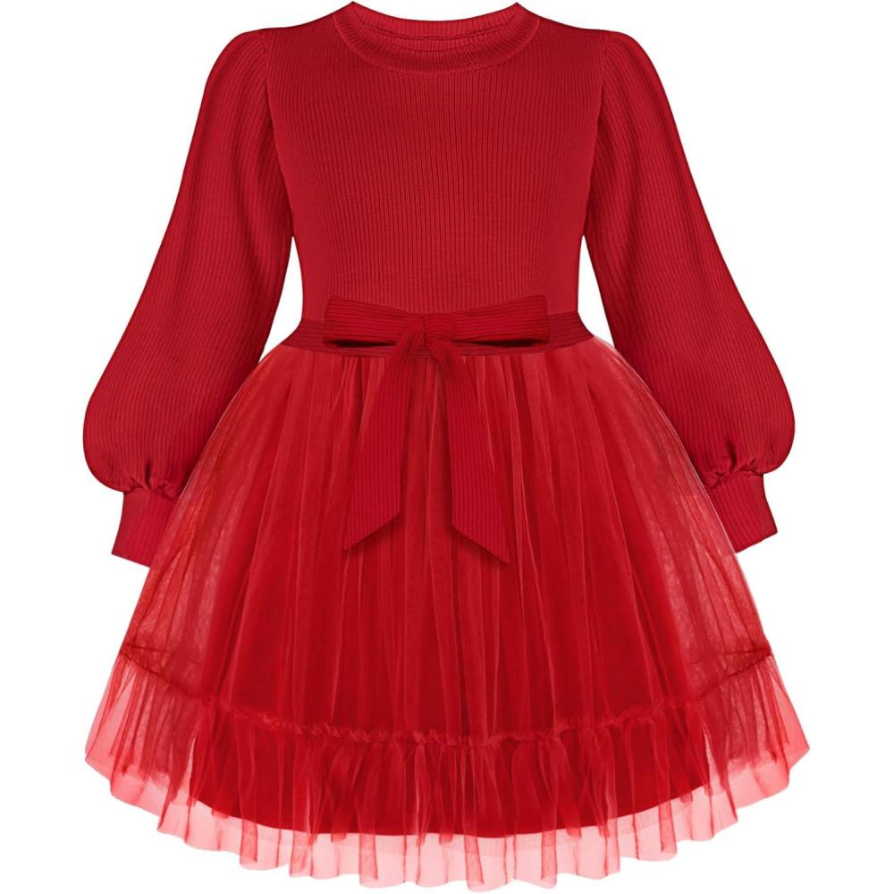 imageArshiner Tulle Dress Toddler Girls Puff Long Lantern Sleeves Fall Winter Tutu Party Dresses with Tie Belt 38YRed