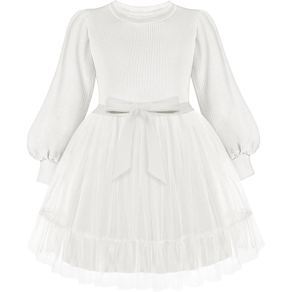 imageArshiner Tulle Dress Toddler Girls Puff Long Lantern Sleeves Fall Winter Tutu Party Dresses with Tie Belt 38YWhite