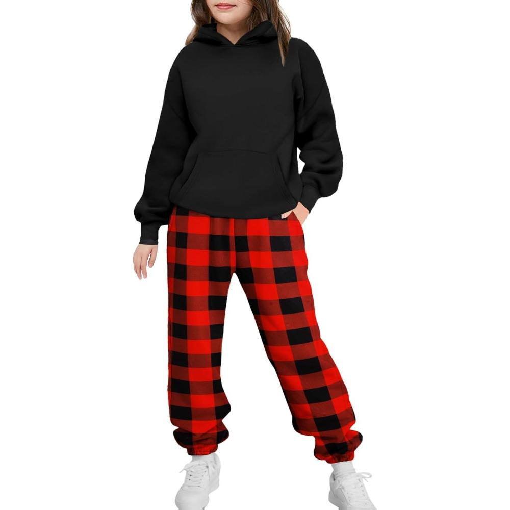 imageArshinet Girls 2 Piece Outfits Hoodie Sweatsuit Sets Oversized Sweatshirt and Baggy Fall Fashion Sweatpant with PocketsBlackred Checkered