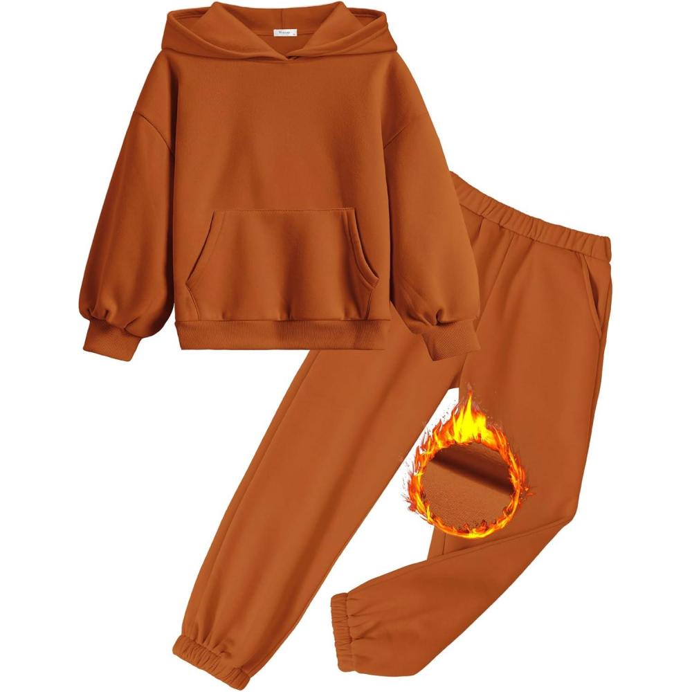 imageArshinet Girls 2 Piece Outfits Hoodie Sweatsuit Sets Oversized Sweatshirt and Baggy Fall Fashion Sweatpant with PocketsCaramel