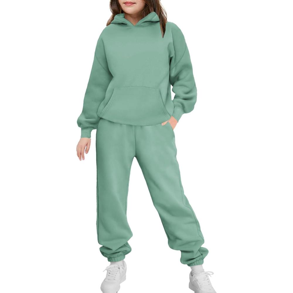 imageArshinet Girls 2 Piece Outfits Hoodie Sweatsuit Sets Oversized Sweatshirt and Baggy Fall Fashion Sweatpant with PocketsGreen