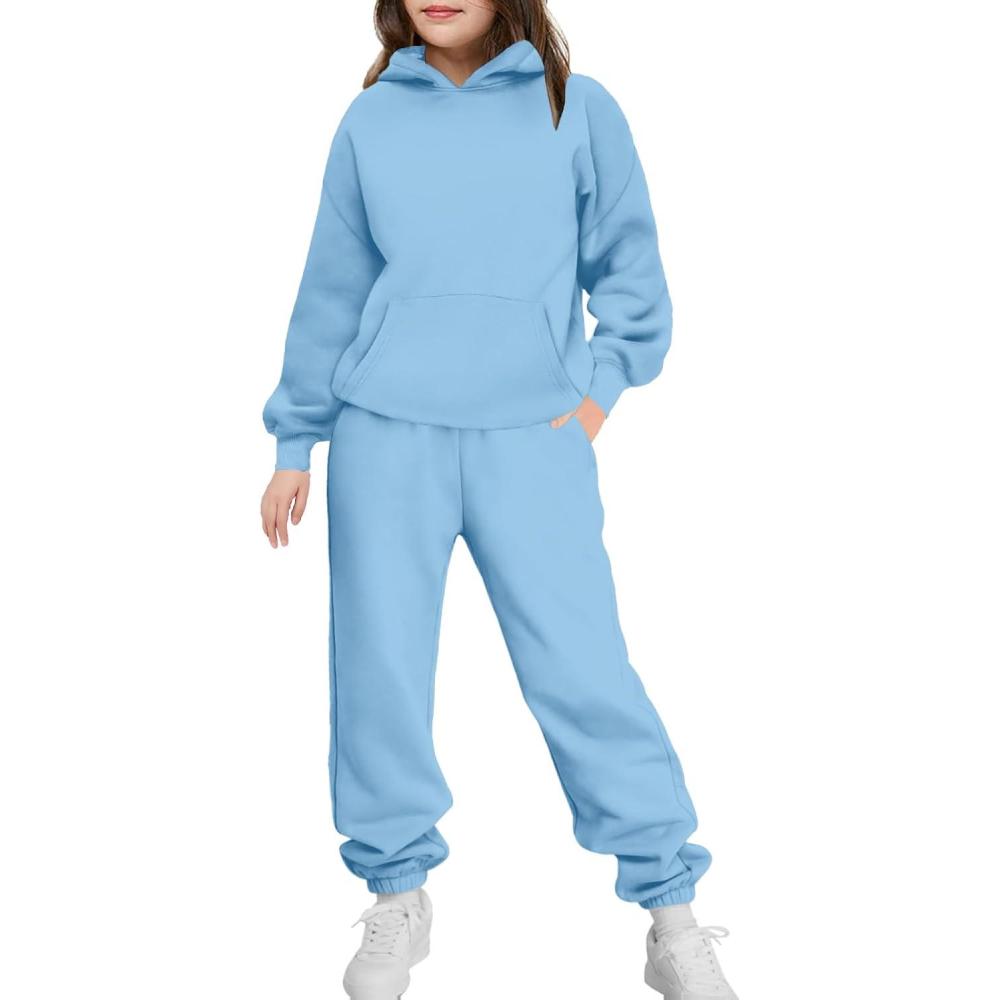 imageArshinet Girls 2 Piece Outfits Hoodie Sweatsuit Sets Oversized Sweatshirt and Baggy Fall Fashion Sweatpant with PocketsLight Blue