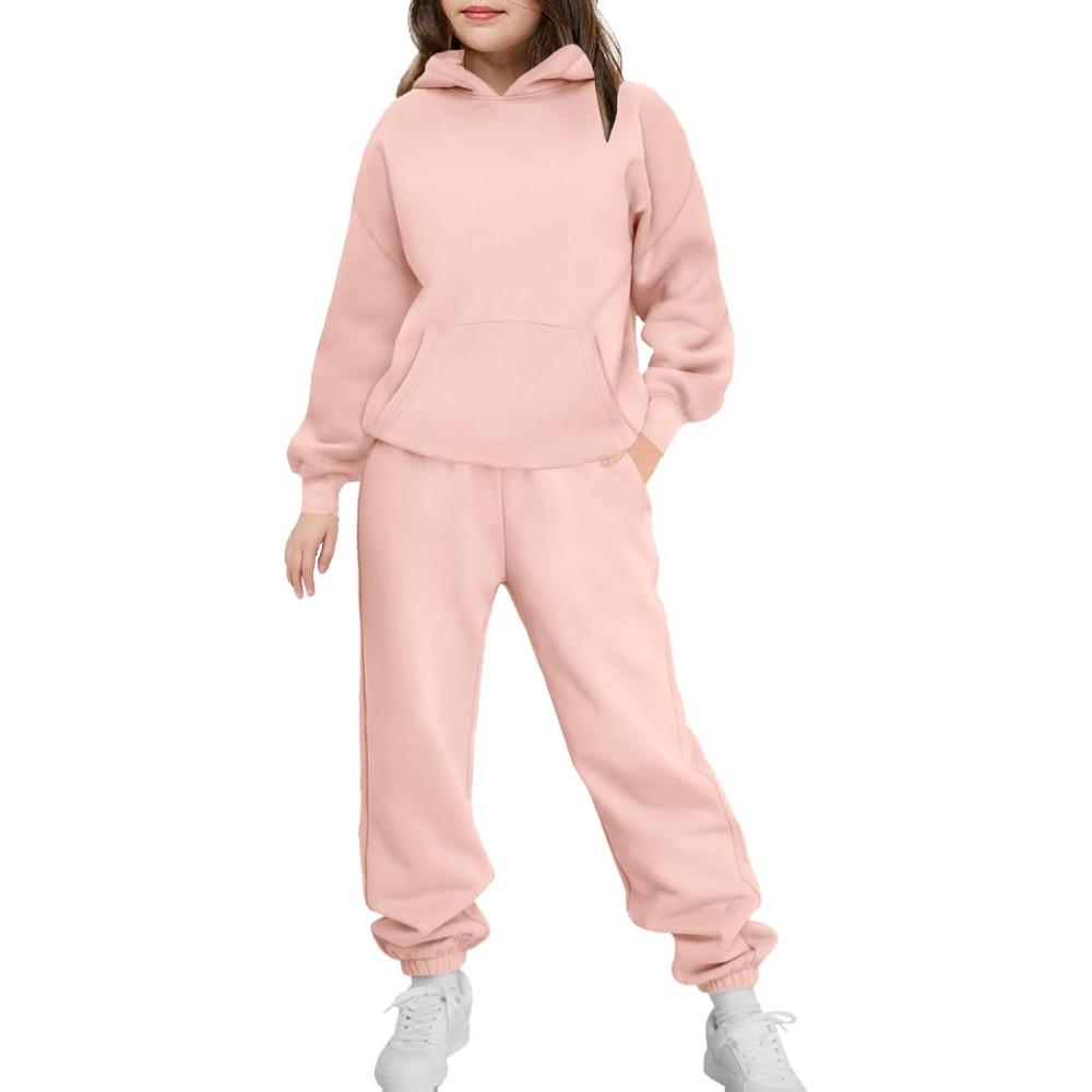 imageArshinet Girls 2 Piece Outfits Hoodie Sweatsuit Sets Oversized Sweatshirt and Baggy Fall Fashion Sweatpant with PocketsLight Pink