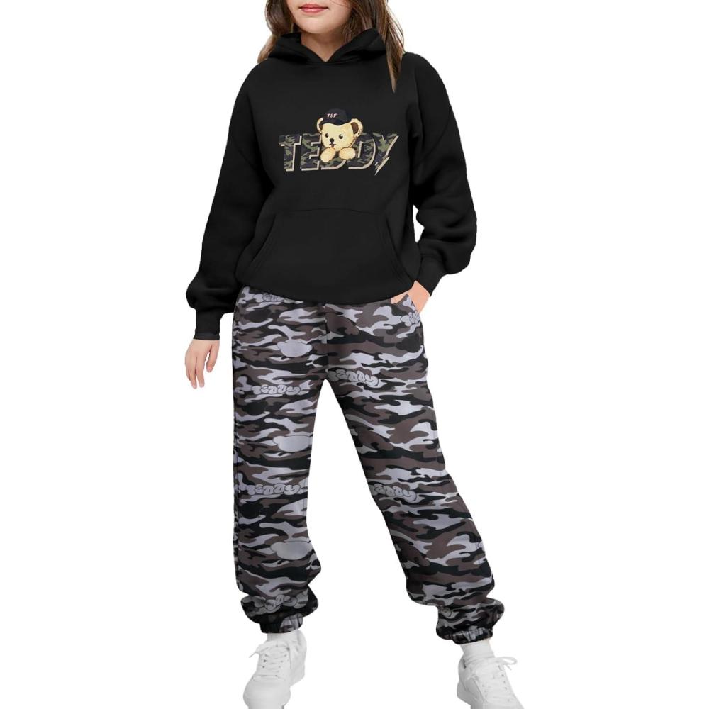 imageArshinet Girls 2 Piece Outfits Hoodie Sweatsuit Sets Oversized Sweatshirt and Baggy Fall Fashion Sweatpant with PocketsTeddy Printcamo