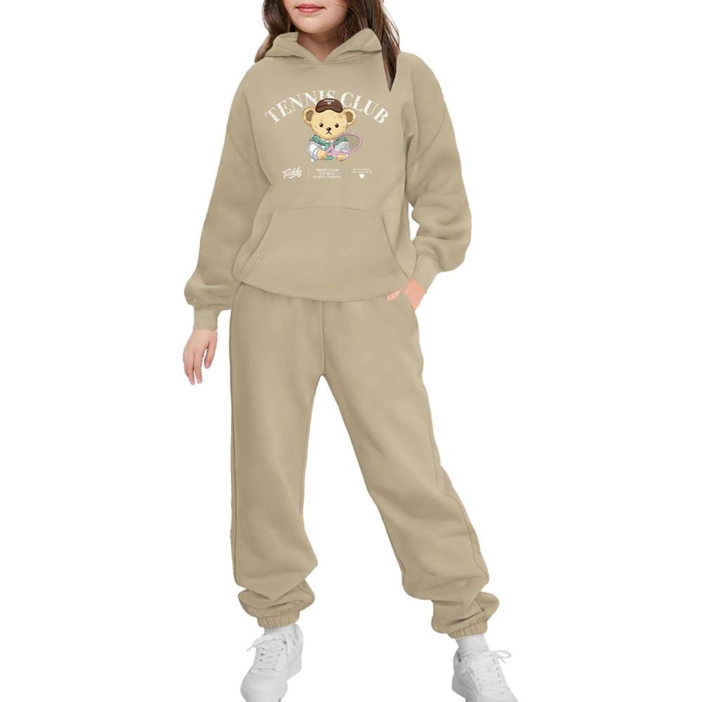 imageArshinet Girls 2 Piece Outfits Hoodie Sweatsuit Sets Oversized Sweatshirt and Baggy Fall Fashion Sweatpant with PocketsTeddy Printkhaki