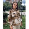 Arshiner Girls Flannel Fall Winter Cropped Shacket Plaid Jacket Casual Long Sleeve Button Down Fashion Coat(Khaki)