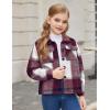 Arshiner Girls Flannel Fall Winter Cropped Shacket Plaid Jacket Casual Long Sleeve Button Down Fashion Coat(Wine Red)
