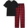 Arshiner Boys Pajamas Short Sleeve and Long Pants 2 Piece Pajama Set for Boys 6-14 Years(Black / Red Check)