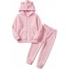 Arshiner Girls 2 Piece Fuzzy Set with Bear Ear Hoodie and Jogger Pants Zip Up Sweatshirt Outfits for Fall Winter 5-13 Years(Light Pink)