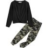 Arshiner Girls 2 Piece Outfits Fashion Twist Front Tracksuit Long Sleeve Pullover Sweatshirt Sweatpants Jogger set Sweatsuit(Black & Camouflage)