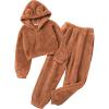 Arshiner Girls 2 Piece Outfits Sweatsuit Fuzzy Long Sleeve Bear Ear Hoodie Sweatshirt and Sweatpant Kids Clothing Sets(Brown)