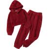 Arshiner Girls 2 Piece Outfits Sweatsuit Fuzzy Long Sleeve Bear Ear Hoodie Sweatshirt and Sweatpant Kids Clothing Sets(Dark Red)