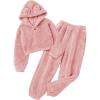 Arshiner Girls 2 Piece Outfits Sweatsuit Fuzzy Long Sleeve Bear Ear Hoodie Sweatshirt and Sweatpant Kids Clothing Sets(Light Pink)