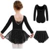 Arshiner Girls Ballet Leotards with Chiffon Dance Skirt Long Sleeve Crisscross Back Toddler Dance Outfit Combo(Black)