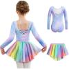 Arshiner Girls Ballet Leotards with Chiffon Dance Skirt Long Sleeve Crisscross Back Toddler Dance Outfit Combo(Colorful Leopard)
