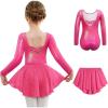 Arshiner Girls Ballet Leotards with Chiffon Dance Skirt Long Sleeve Crisscross Back Toddler Dance Outfit Combo(Hot Pink)