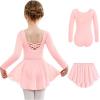 Arshiner Girls Ballet Leotards with Chiffon Dance Skirt Long Sleeve Crisscross Back Toddler Dance Outfit Combo(Pink)