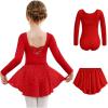 Arshiner Girls Ballet Leotards with Chiffon Dance Skirt Long Sleeve Crisscross Back Toddler Dance Outfit Combo(Red)