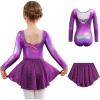 Arshiner Girls Ballet Leotards with Chiffon Dance Skirt Long Sleeve Crisscross Back Toddler Dance Outfit Combo(Sparkly Purple)