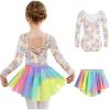 Arshiner Girls Ballet Leotards with Chiffon Dance Skirt Long Sleeve Crisscross Back Toddler Dance Outfit Combo(Teddy&friends)