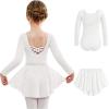Arshiner Girls Ballet Leotards with Chiffon Dance Skirt Long Sleeve Crisscross Back Toddler Dance Outfit Combo(White)