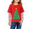 Arshiner Girls Christmas Halloween Long Sleeve Shirts Graphic Stripe Plaid Patchwork Top Tee(Christmas Red Tree)