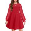 Arshiner Girl’s Contrast Mesh Puff Long Sleeve High Waist A Line Short Dress with Pockets for 6-13 Years(Bright Red)