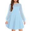Arshiner Girl’s Contrast Mesh Puff Long Sleeve High Waist A Line Short Dress with Pockets for 6-13 Years(Light Blue)