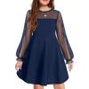 Arshiner Girl’s Contrast Mesh Puff Long Sleeve High Waist A Line Short Dress with Pockets for 6-13 Years(Navy Blue)