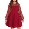 Arshiner Girl’s Contrast Mesh Puff Long Sleeve High Waist A Line Short Dress with Pockets for 6-13 Years(Red)