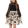 Arshiner Girls Dresses Contrast Mesh Puff Long Sleeve Mock Neck Formal Party A Line Short Tulle Dress(Black Floral)