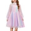 Arshiner Girls Dresses Contrast Mesh Puff Long Sleeve Mock Neck Formal Party A Line Short Tulle Dress(Gradient-pink)