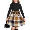 Arshiner Girls Dresses Long Sleeve Rib Knit Plaid Patchwork Belted Dress with Pockets(Black / Brown Plaid)