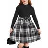 Arshiner Girls Dresses Long Sleeve Rib Knit Plaid Patchwork Belted Dress with Pockets(Black / White Plaid)