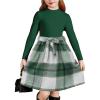 Arshiner Girls Dresses Long Sleeve Rib Knit Plaid Patchwork Belted Dress with Pockets(Green Plaid)