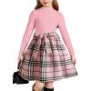 Arshiner Girls Dresses Long Sleeve Rib Knit Plaid Patchwork Belted Dress with Pockets(Pink / Pink Plaid)