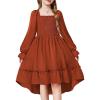 Arshiner Girls Dresses Puff Long Sleeve Fall Winter Smocked High Low Swing Midi Dress with Pockets(Caramel)
