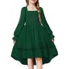 Arshiner Girls Dresses Puff Long Sleeve Fall Winter Smocked High Low Swing Midi Dress with Pockets(Dark Green)