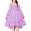 Arshiner Girls Dresses Puff Long Sleeve Fall Winter Smocked High Low Swing Midi Dress with Pockets(Lavender)